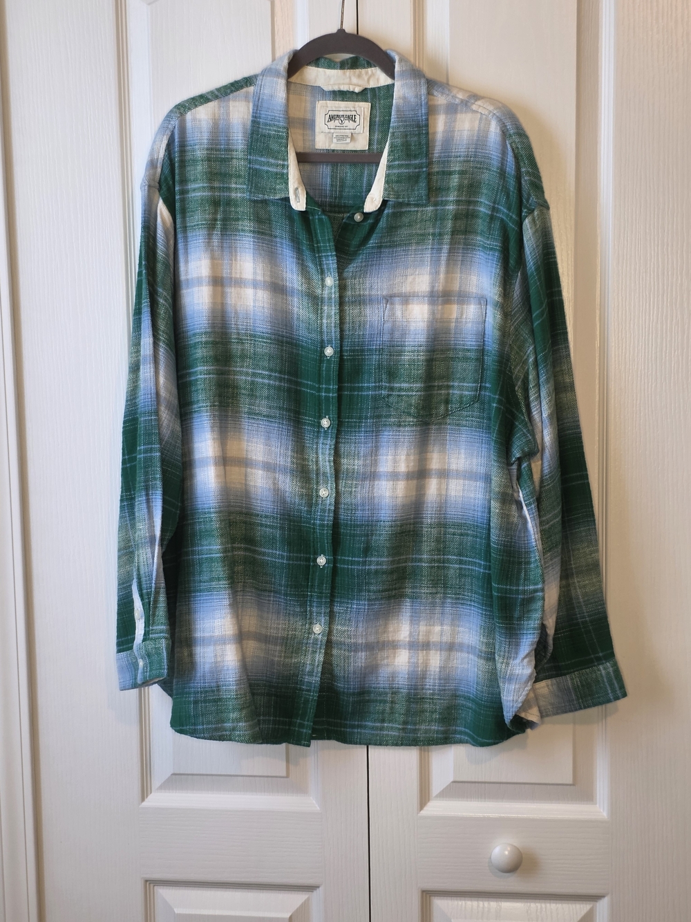American Eagle Flannel Plaid Women's XXL Green Blue And White Soft 100% Cotton